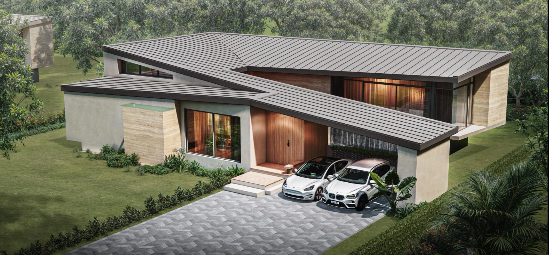 Villa tipo A vista desde el acceso: cubierta plegada, entrada de madera y cochera para dos coches