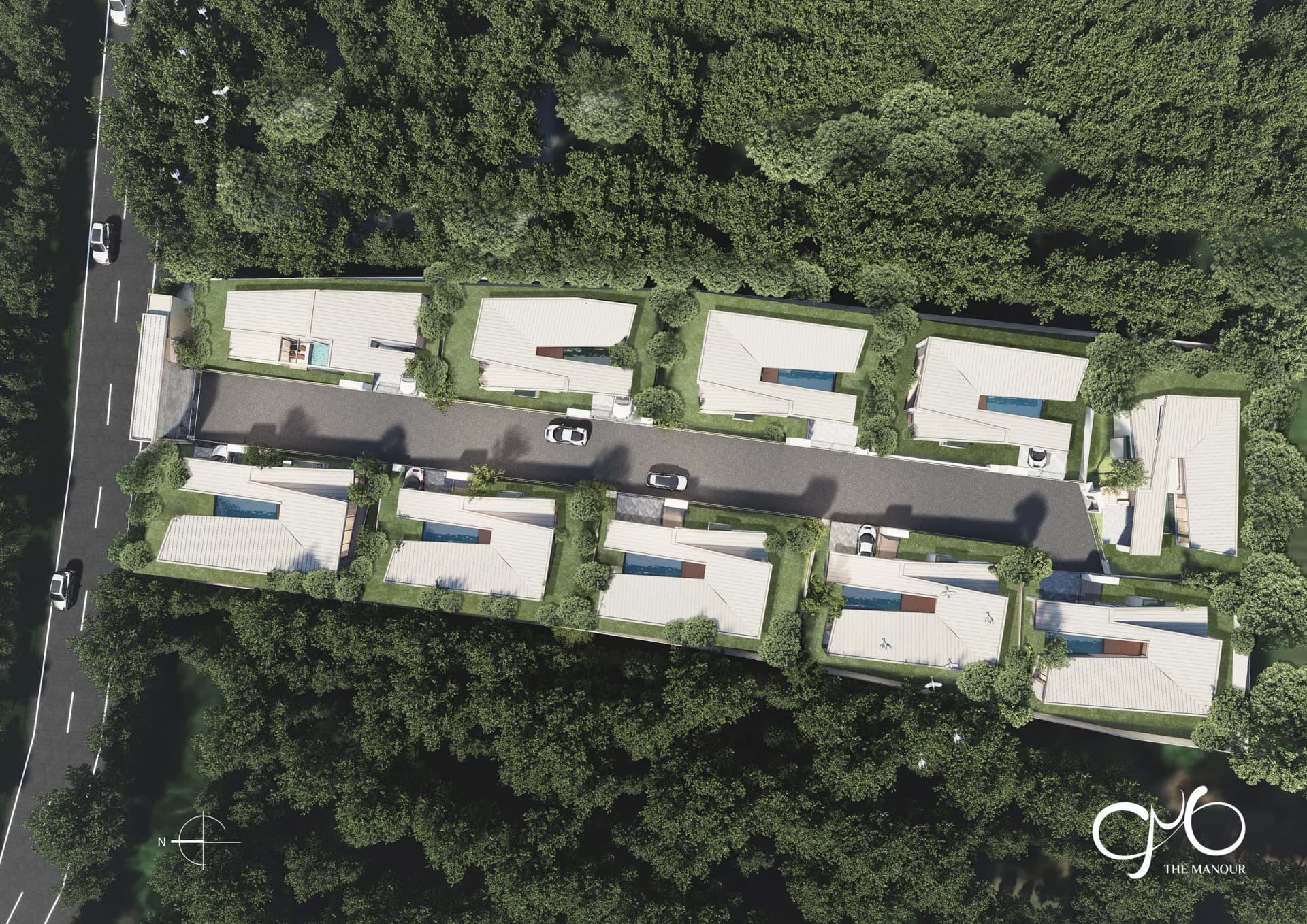 La urbanización desde arriba: diez villas en una calle privada, con la vía pública a la izquierda