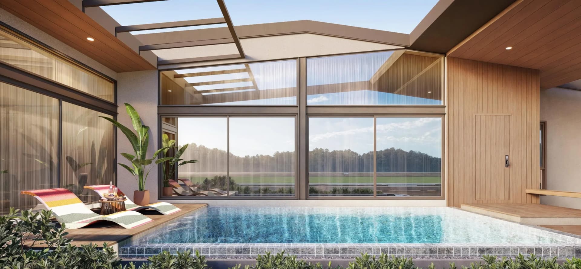 Villa tipo C: el patio con piscina bajo una pérgola de madera con techo de cristal